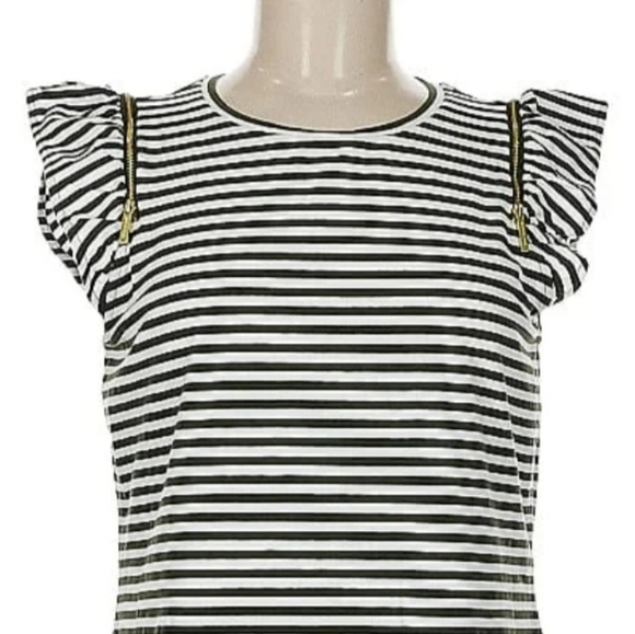 Michael Kors Olive & White Striped Dress XS Gold Shoulder Zippers 🚢 - Picture 2 of 9